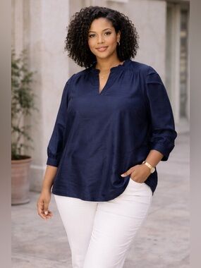 Crown & Ivy Navy Ruffle Neck Blouse | XL | Classic Polished Top
